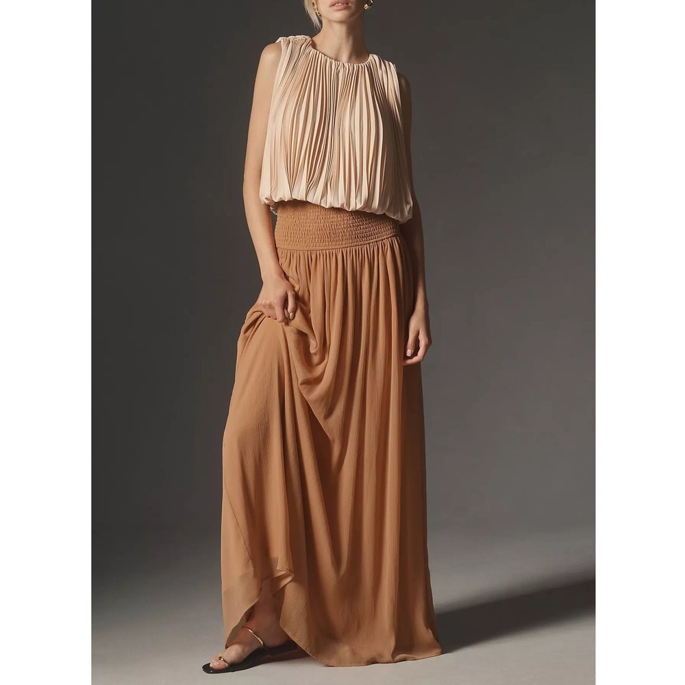 Anthropologie Smocked Sheer Maxi Skirt Women Small Coral Peach Boho Flowy